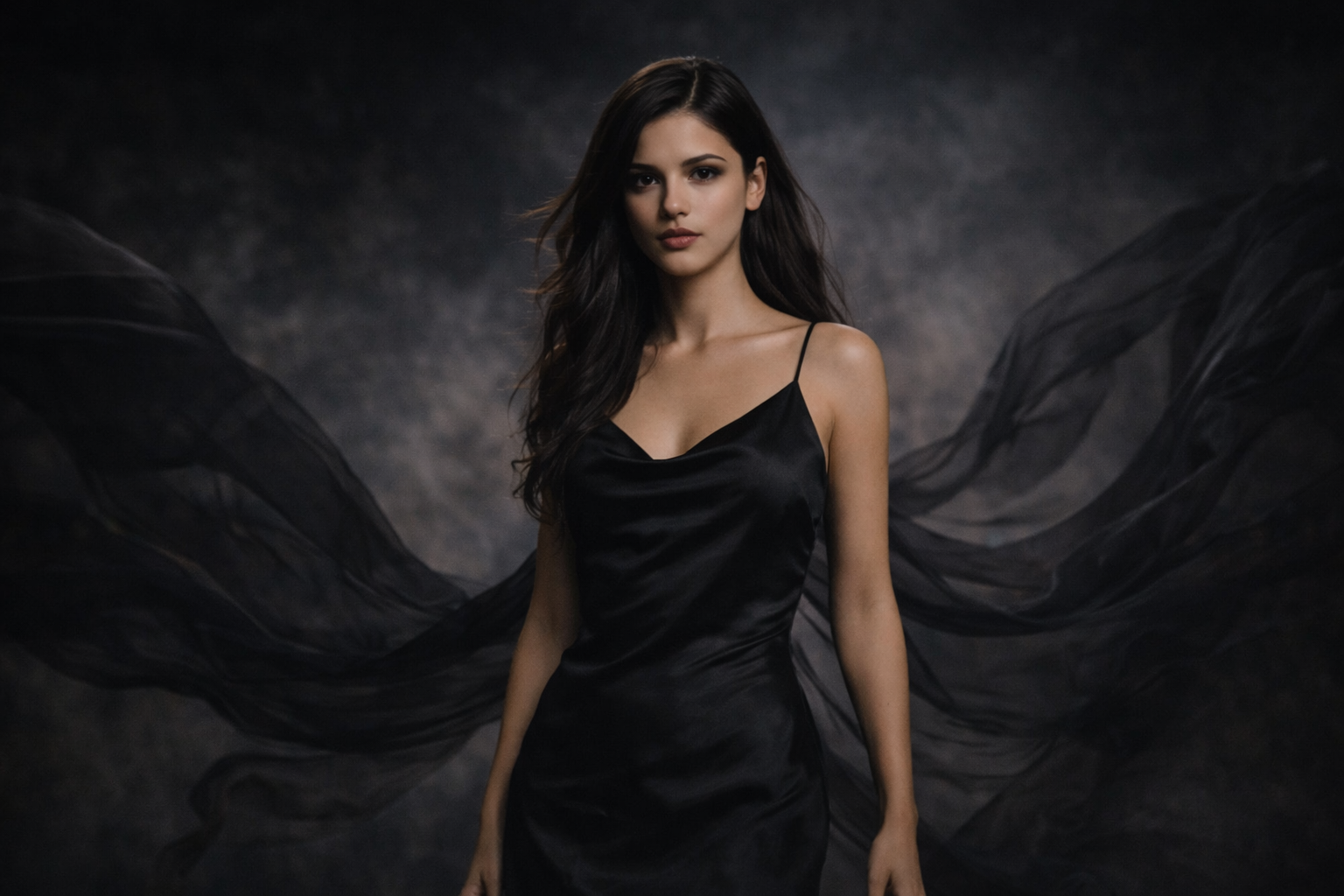 The Velvet Reply in dramatic studio portrait with flowing sheer fabric